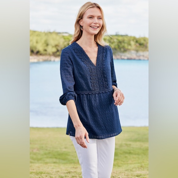 Soft Surroundings Tops - NEW NWT Soft Surroundings Elodie Lace Windowpane Gauze Top Medium Petite